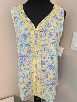 NWT Coral Bay Yellow Floral Sleeveless Top Buttons Design only Sz. L - Image 1 of 4