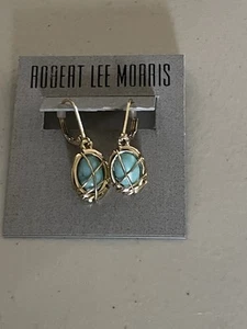 ROBERT LEE MORRIS SOHO GOLD TONE TURQUOISE CABACHON LEVER BACK DROP EARRINGS - Picture 1 of 10