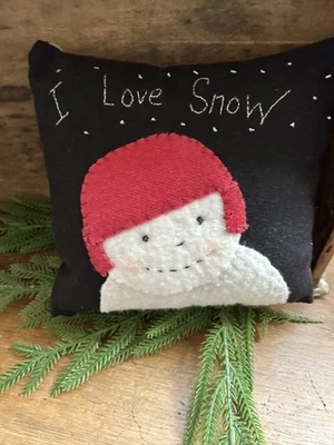 Primitive Stitchery Snow Man Pillow  Christmas Winter Cap I Love Snow - Image 1 of 2