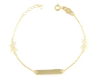 Bracelet Fille En Or Jaune 18 KT 750 Avec Papillons Et Plaque - Photo 1/2