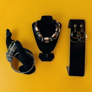 Vintage Boho Beaded Necklace Bracelet Earring Lot - Wood Amber Mixed Fashion Set - Picture 1 of 7