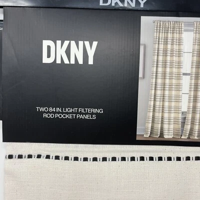 DKNY CITY STITCH 84" Woven Stripe Window Panel Curtains Black Beige Set of 2 - Image 1 of 4
