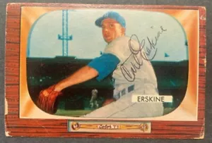 1955 BOWMAN SB BASEBALL CARD #121 FIRMATA A MANO CARL ERSKINE CON CACAO JSA DISPONIBILE RF - Foto 1 di 2