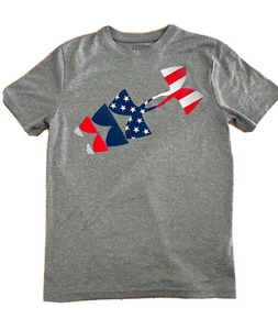 Under Armour Youth Boys Gray M Medium T-Shirt Top Flag Logo Tee July 4th  - Picture 1 of 6