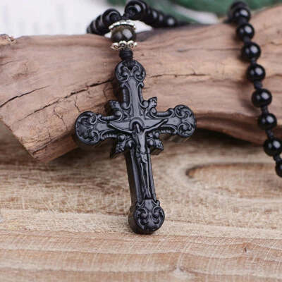 Natural Obsidian Stone Pendant Carved Cross Amulet Lucky Pendant Necklace — 第 1/4 张图片