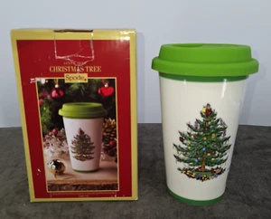 Spode Christmas Tree Ceramic Travel Coffee Tumbler Green Silicone Lid NEW in Box - Picture 1 of 12
