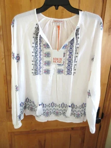 KNOX ROSE SIZE M PULLOVER EMBROIDERED BLOUSE TOP INDIA STRING TASSEL WHITE MULTI - Picture 1 of 7