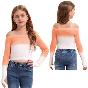 Kids Girls Ballet Dance Sweater Blouse Off Shoulder Long Sleeve Shirts Dance Top - Picture 1 of 58
