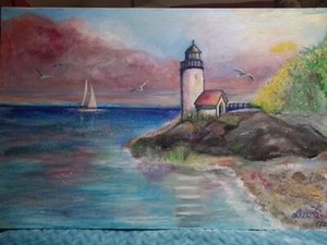 LIGHTHOUSE Seascape Acrylic Painting -Nautical-Original-30 x 20-New-Signed - Picture 1 of 7
