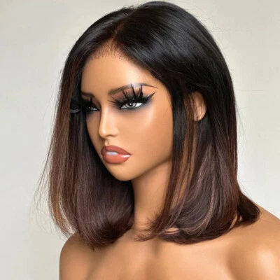 Ombre Brown Straight Bob Human Hair Wigs Pre Plucked 13x4 Lace Frontal Wig 200% - Image 1 of 4