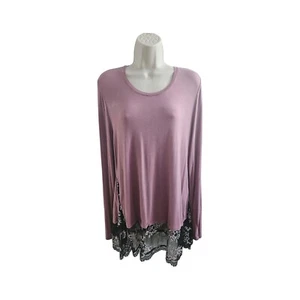 LOGO Lori Goldstein Stricktop bestickt Spitzensaum mauve langarm Gr. Medium - Bild 1 von 9