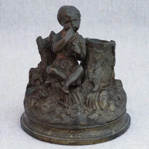 Antique 19th Centruy Bronze Figurine Paperweight Child Log Stump Match Holder - Picture 1 of 7
