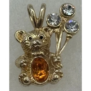 Omega Teddy Bear Pendant with Balloons Gold-Tone with Amber & Clear Rhinestones - Picture 1 of 3