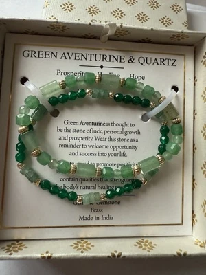 SHIVAM GREEN AVENTURINE /QUARTZ/Brass  Bead Stretch Bracelets NIB - Image 1 of 4