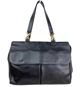 Paloma Picasso Black Leather XX Tote Shoulder Hand Bag Briefcase Gold Logo Italy - Picture 1 of 17