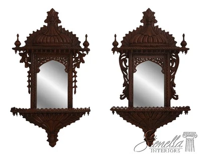 69974: Pair Pagoda Carved Mahogany Mirror Back Wall Shelves - Image 1 of 4