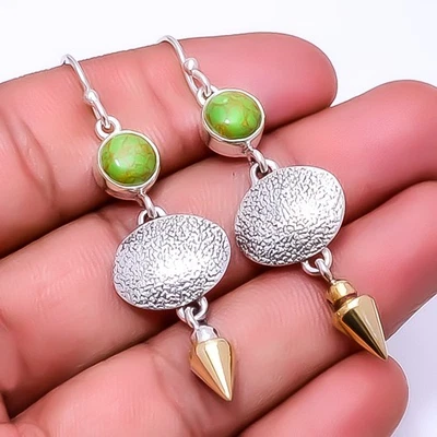 Copper Green Turquoise 925 Sterling Silver Two Tone Arrow Head Earring 2.34" E27 - Image 1 of 4