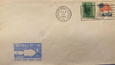 APOLLO 6  LAUNCH + OFFICIAL NASA BLUE CACHET KSC 4 APR  1969 ON 5 CT FLAG STAMP - Image 1 of 4