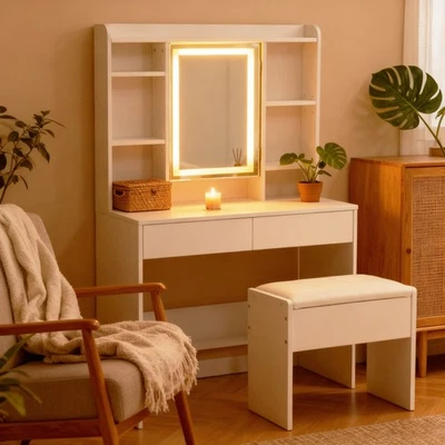 Weiß Schminktisch mit Spiegel LED Beleuchtung Schublade Frisiertisch Schubladen - Bild 1 von 4