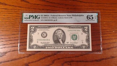 2003A PMG GEM UNC 65 EPQ TWO DOLLAR REPEATER BANKNOTE PHILADELPHIA $2.00 BILL! - Image 1 of 3