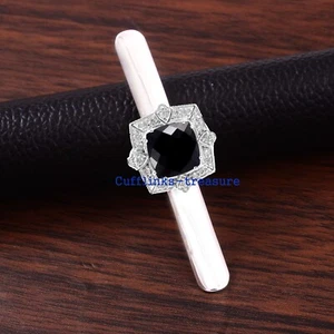 Natural Black Onyx & CZ Gemstones with 925 Sterling Silver Men's Tie Clip #322 - Picture 1 of 7