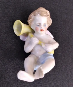 Antique Victorian German Angel Cherub with Horn Hand Painted Porcelain 2" - Picture 1 of 8
