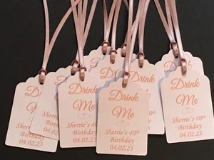 Pack 10 Personalised Rose Gold Drink Me Favour Tags Labels with matching ribbon - Picture 1 of 10