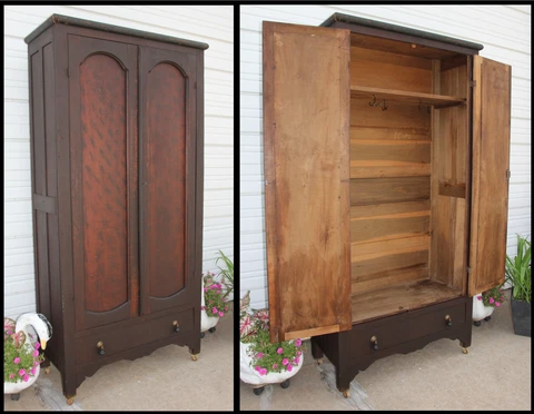 Antique Rustic Pine 2 Cathedral Door Wardrobe Armoire w Key Pierce, NE "SYNOVEC" Cover