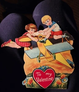 Rare Vintage 5.5" by 6" Germany Die cut Foldout Valentine Card Biplane children - Picture 1 of 8
