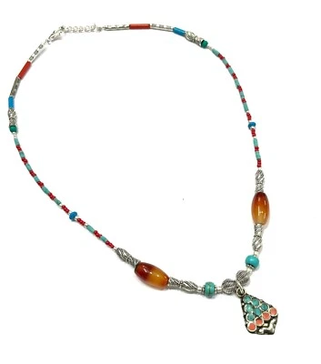 Turquoise, Carnelian Gemstone Tibetan 925 Sterling Silver Necklace Jewelry 18" - Image 1 of 4
