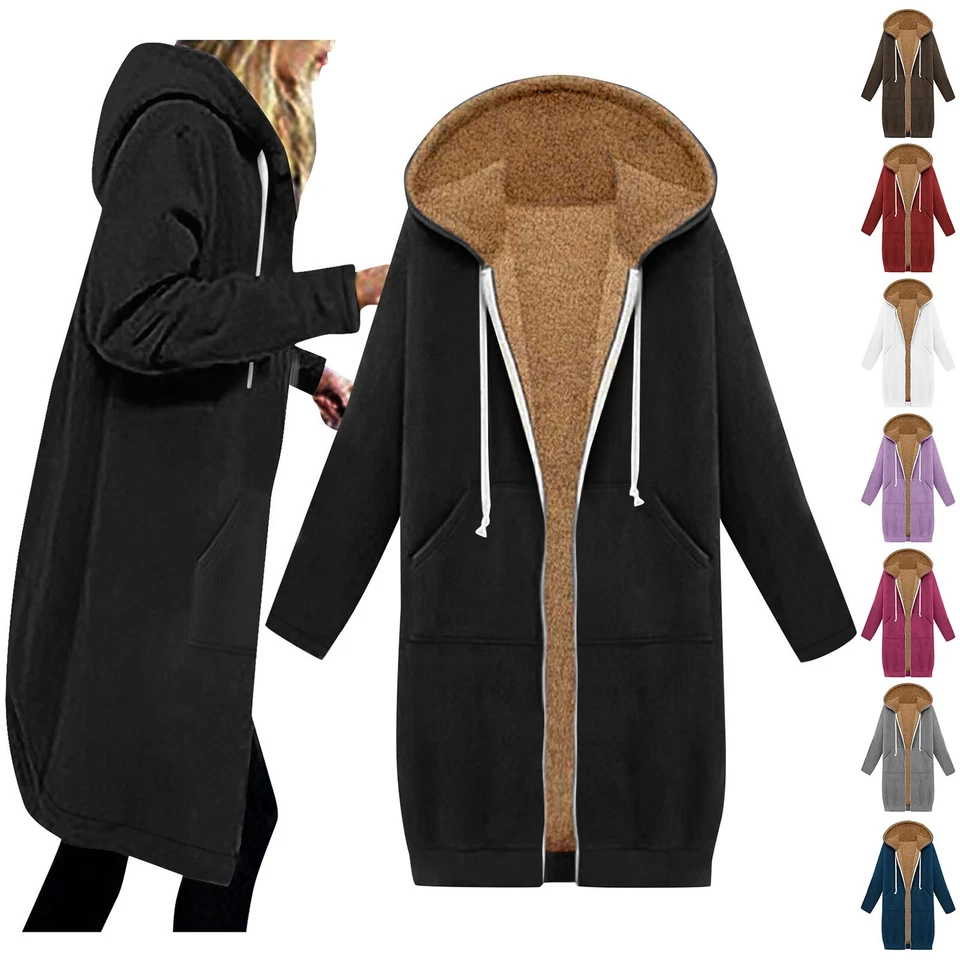 Giacca lunga donna felpa foderata calda pile maglione cappotto felpa con cappuccio - Immagine 1 di 4