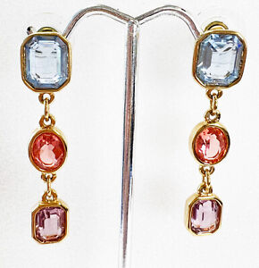 Swarovski Multicolor Blue Pink Orange Crystal Post Drop Earrings 1.75"L 9.5g