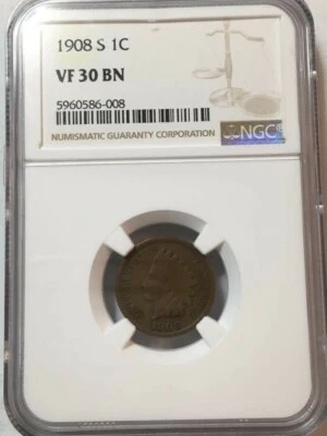 1908-S Indian Cent VF 30 BN NGC - Image 1 of 4