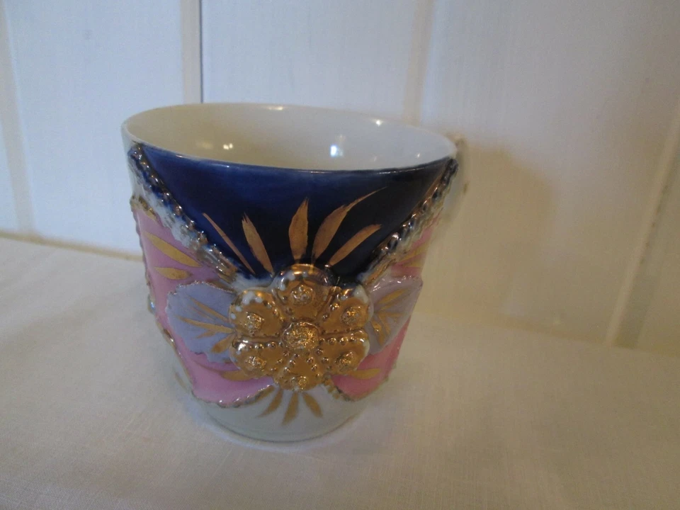 European Mug Cup Green Pink Luster Raised Gold Floral Presentation Navy Blue  - Image 1 of 4