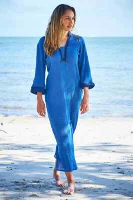 NWT DEBBIE KATZ CLEO Kaftan-Style Cotton Gauze Maxi Dress Blue Beach Cruise sz L - Image 1 of 4