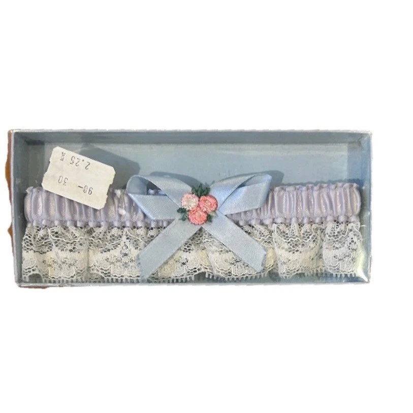 NEW VTG Ivory Lace Blue Satin Wedding Bride Garter Pink Roses Accent - Image 1 of 1