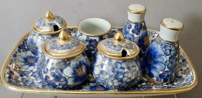 Vintage Moriage Lotus Flowers Cobalt & Gold Gilt (7) Piece Hand Painted Tea Set - Image 1 of 4