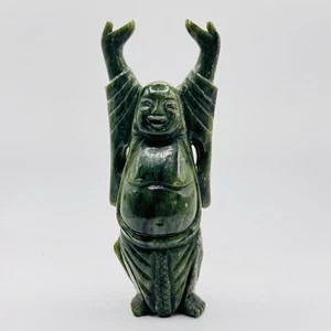 6” Jade Carved Buddha Happy Laughing Maitreya Buddha Statue Green Vintage - Picture 1 of 9
