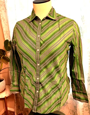 Nuevo sin etiquetas Camisa JONES NY BLUSA VERDE CHEVRON RAYAS BOTONES Manga Larga Mujer L XL Foto 1 de 4