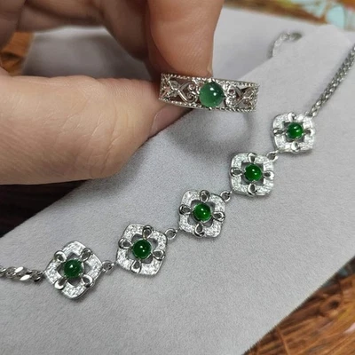 Woodland Dark Green Natural Guatemala Jadeite Zircon Silver Ring & Bracelet Set - Image 1 of 4