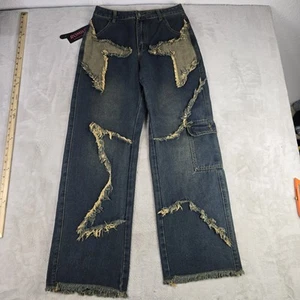 Romwe Women's Frayed Distressed Cargo Y2K Baggy Denim Jeans, Sz Lg US 8/10 - Picture 1 of 10