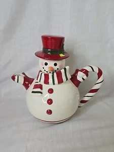 New Apple Tree Design Kevin Gift Shoppe Candy Cane Ceramic Snowman Teapot - Picture 1 of 12