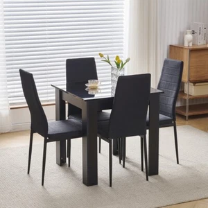 Small Space Dining Set 5Pcs Square Dining Table+ 4 Dining Chair Set Black Wooden - Picture 1 of 10