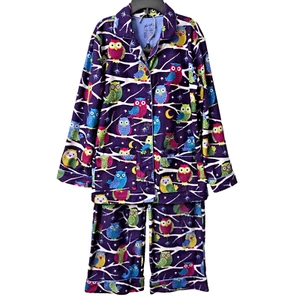 Nick Nora Owl Flannel Pajama M 7 8 Set Top Pants Winter Woods Purple Vintage 90s - Picture 1 of 10