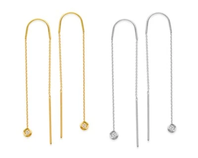 Diamond Threader Earrings Solid 14K Real Gold Long Chain Dangle Drop Earrings - Image 1 of 4