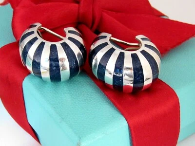 Auth Tiffany & Co Silver Navy Enamel Shell Clip On Earrings - Image 1 of 4