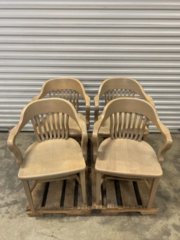 Lot of 4 Solid Oak Wood Jurors Bankers Lawyers Chairs Beige Cover