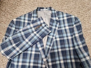 Chaps Men’s Blue and White Plaid Sport Coat Jacket 100% Cotton Size 46R - Picture 1 of 20