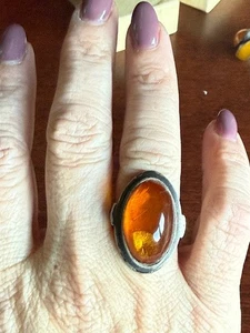 Vintage Sterling Silver Baltic Large Amber Stone Oxidized Ring Size 7 Dramatic - Picture 1 of 14