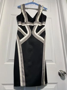 JAX Sheath Dress Black Thick Stretch Satin Black Colorblock Split Shoulder Prom - Picture 1 of 13